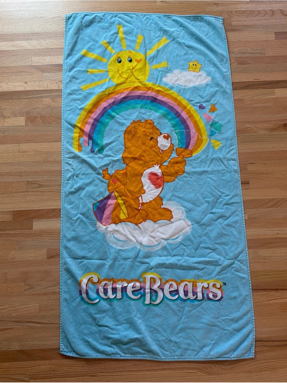 Vtg 2003 Care Bears Tender Heart Rainbow Beach Towel 27" x 55" Blue Sunshine